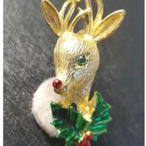 Brooch Pin Christmas Deer Head Green Rhinestone Green Red Enamel Signed GERRYS.